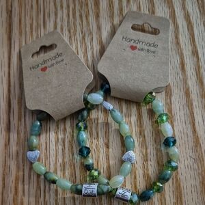 HANDCRAFTED BRACELETS, (2), MIXED GREEN BEADS,